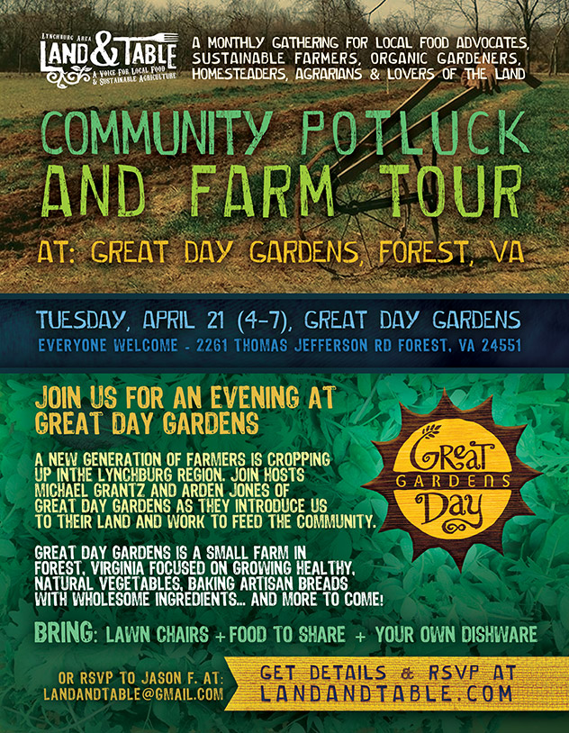 flyer: Community Potluck and Farm Tour at Great Day Gardens - April 21